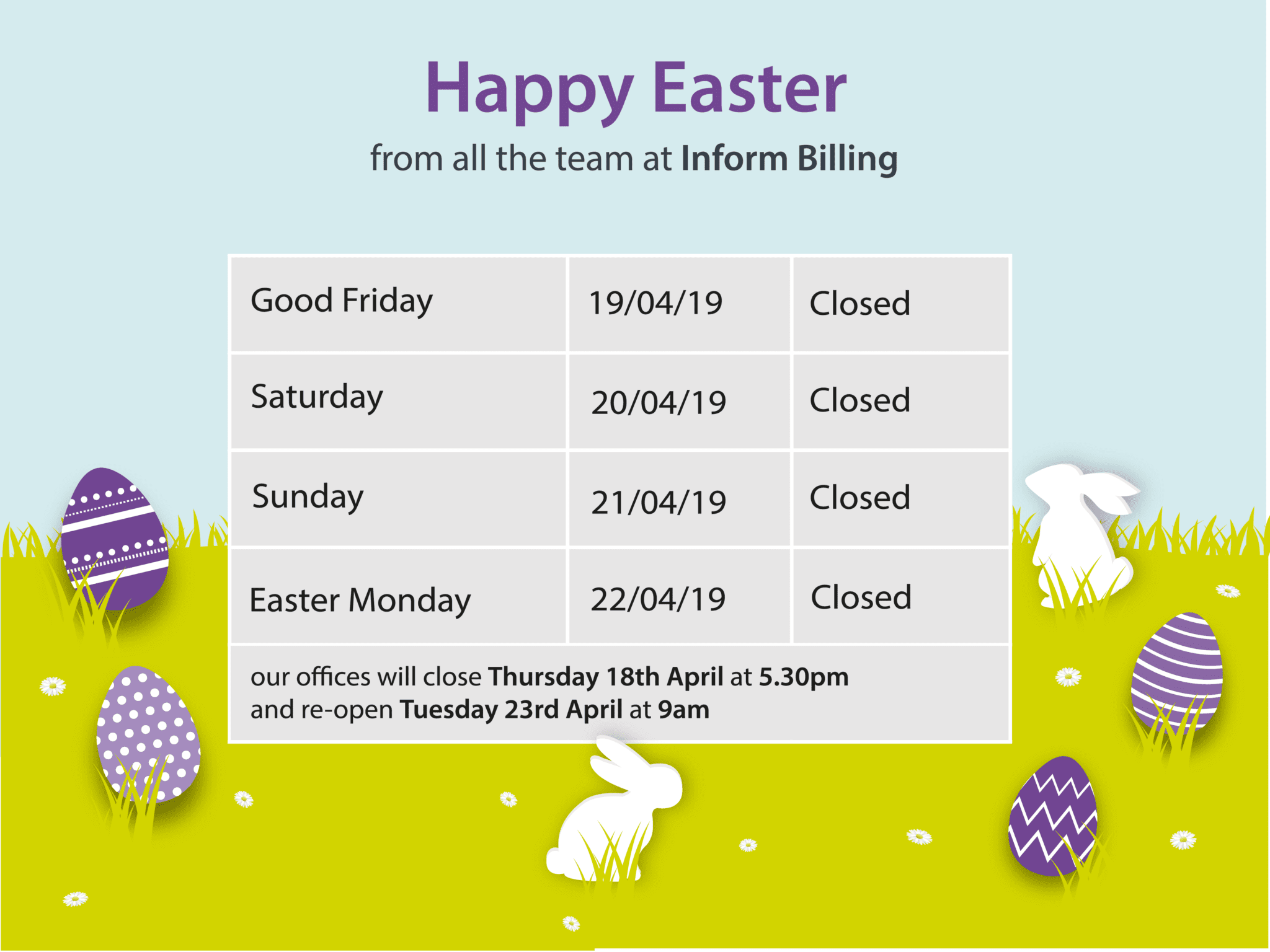 Easter Opening Times Inform Billing